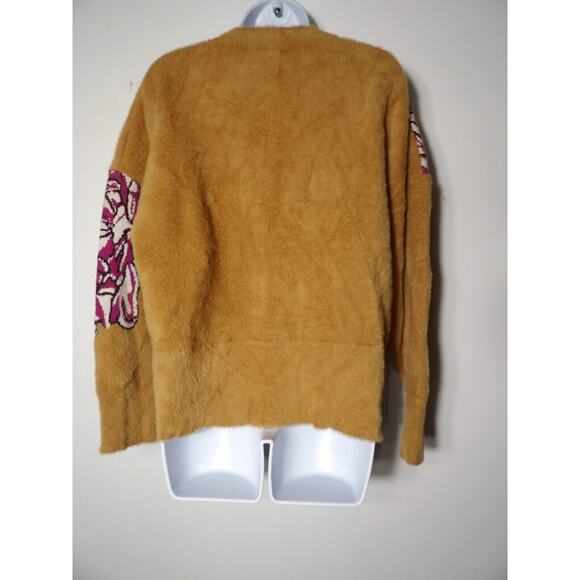 See And Be Seen Fuzzy Sweater M/L Brown Flower Abstract Artsy Pullover Soft - Picture 5 of 12